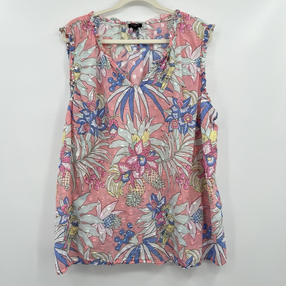Women's Blouse Talbots 3X Pink Resort Wear Vacation L Palm Birds Novelty Print